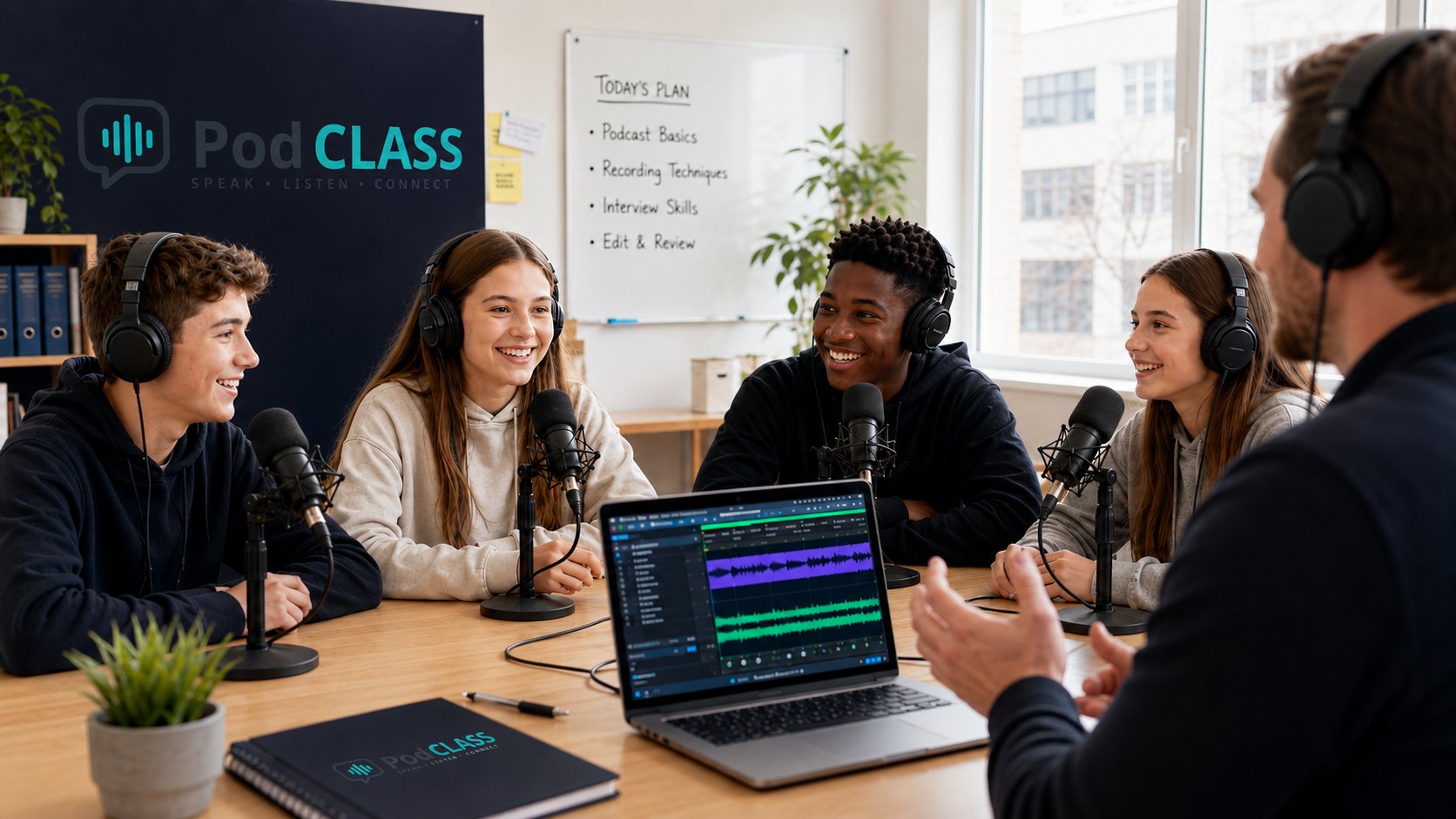 Students recording a podcast episode in a PodCLASS workshop, wearing headphones around microphones